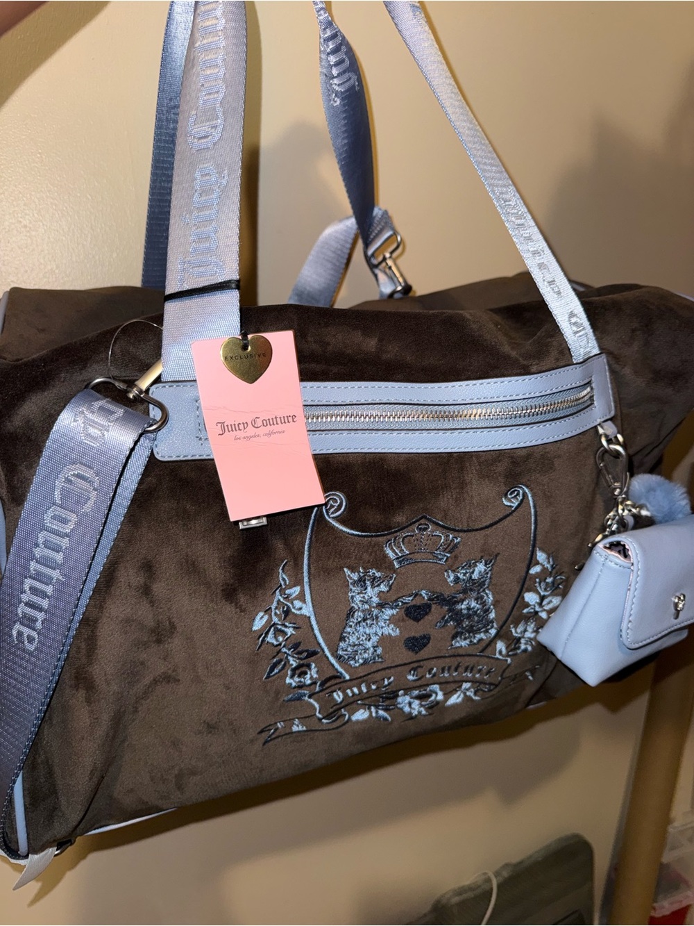 Juicy Couture Brown & Light Blue Embroidered Travel Weekender
